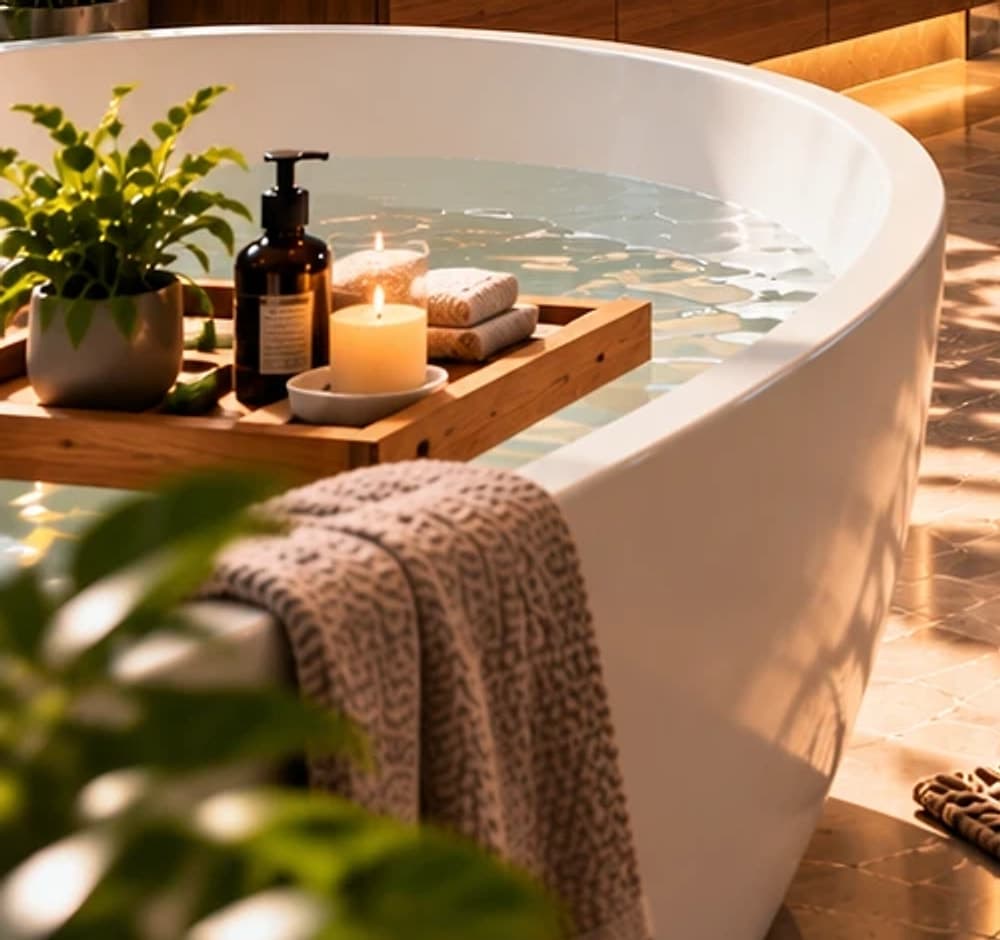 Freestanding bathtub in evening sunlight with a wooden bath tray, candle and folded towel
