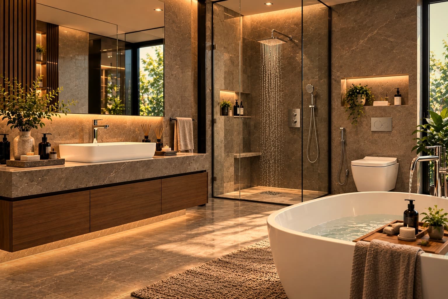 Sunlit bathroom with walnut vanity unit, stone countertop, wash basin, walk-in shower and wall-hung toilet