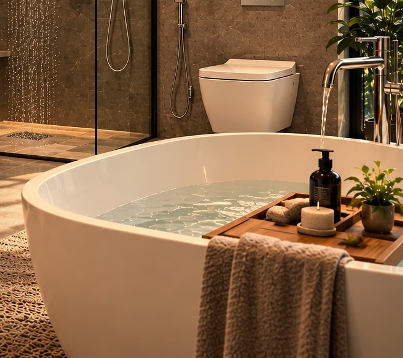 Freestanding bathtub with floor-mounted faucet beside a wall-hung toilet