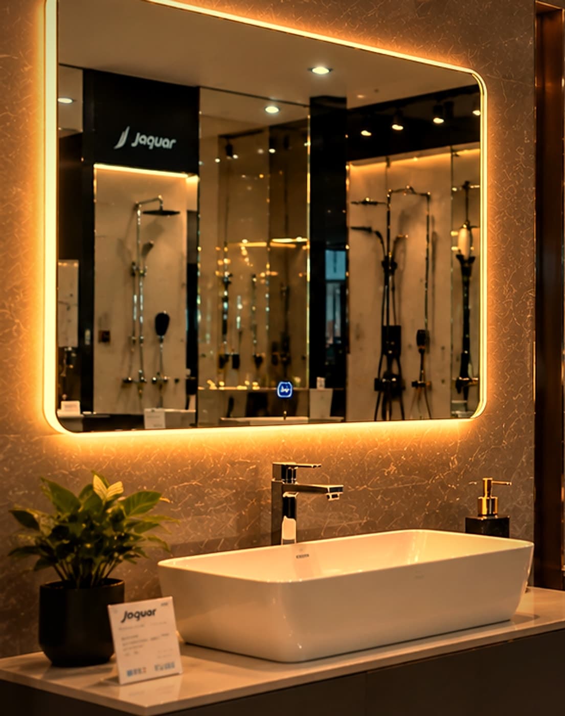 Backlit LED mirror above a countertop wash basin and vanity unit