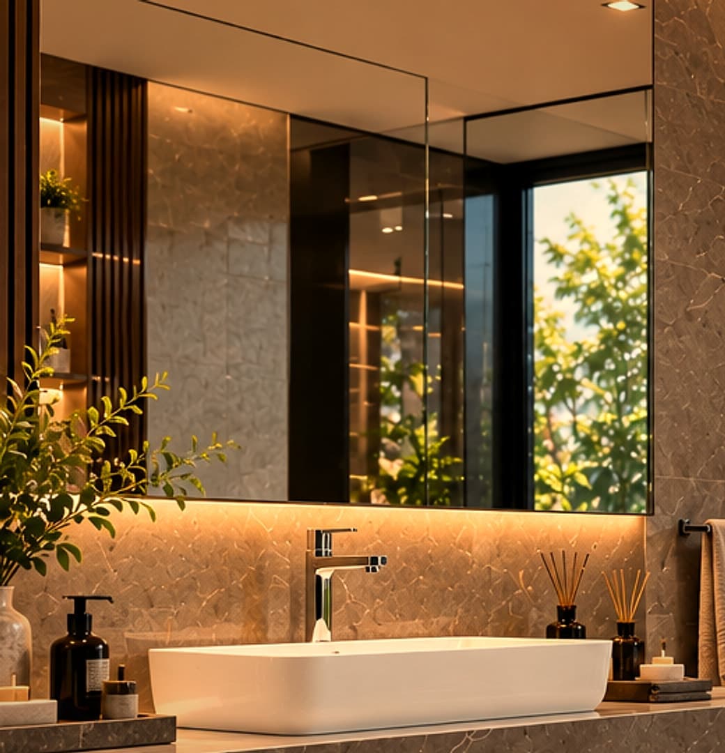 Wide backlit mirror above a countertop wash basin, its warm light washing down a stone wall