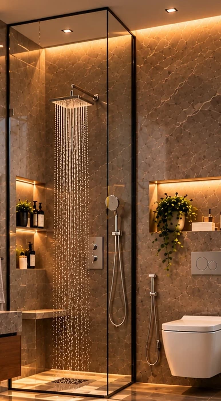 Rain shower running inside a frameless glass enclosure, with a hand shower and a wall-hung toilet beside it