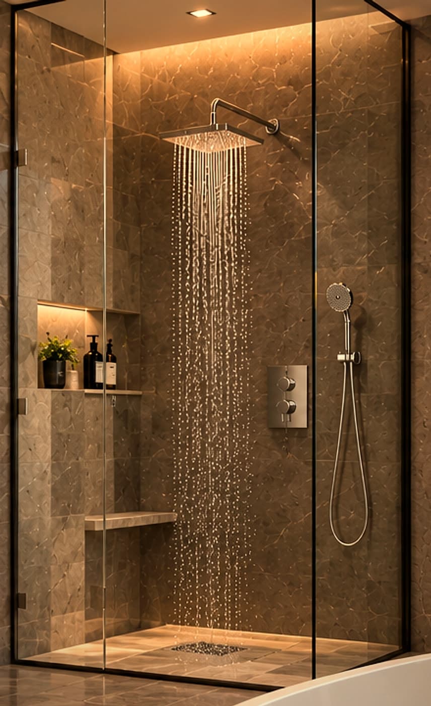 Glass shower enclosure with overhead rain shower and hand shower on a stone wall