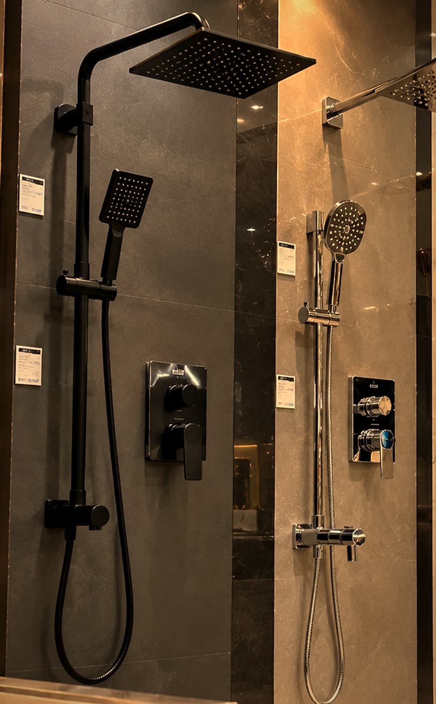 Matte black overhead shower, hand shower and diverter on a dark stone panel