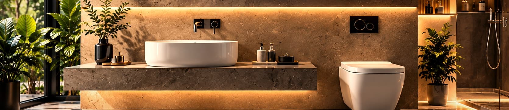 Countertop wash basin with wall-mounted faucet beside a wall-hung toilet on a softly lit stone wall