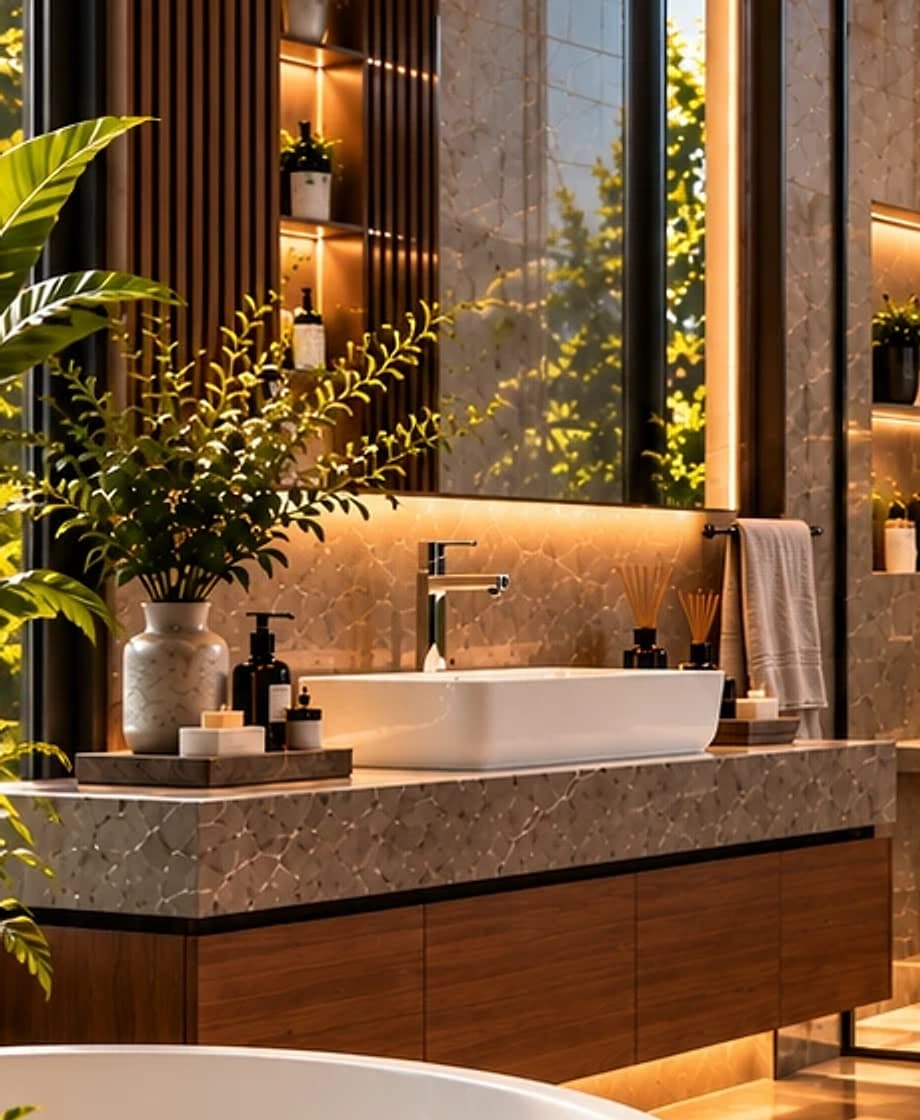 Countertop wash basin and chrome faucet on a stone vanity beside a garden window, with a backlit mirror above