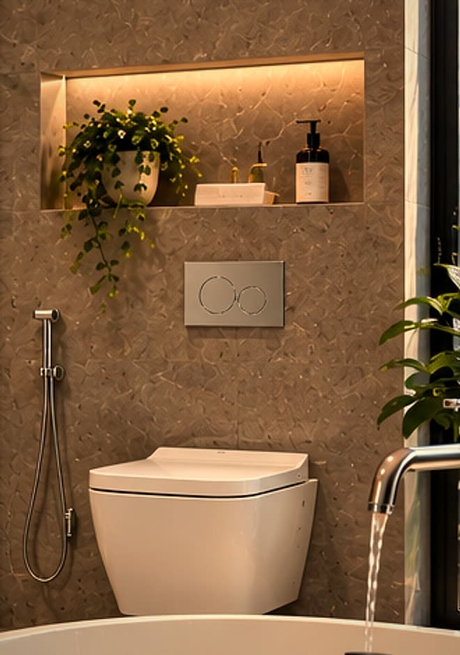 Wall-hung toilet with a concealed cistern, flush plate and a softly lit stone niche above