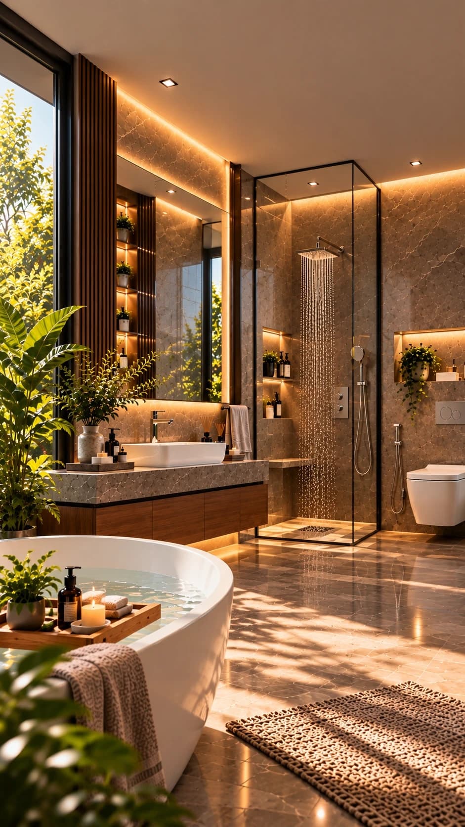 Sunlit contemporary bathroom with a freestanding bathtub, stone vanity, wash basin and glass rain shower