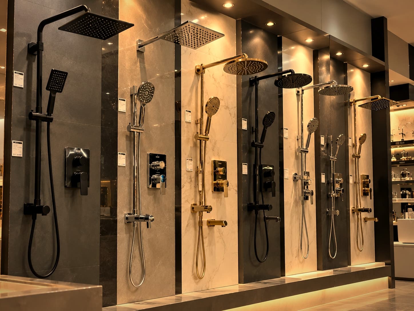 Shower display with overhead rain showers and hand showers at Punjab Sanitary Store in Zirakpur
