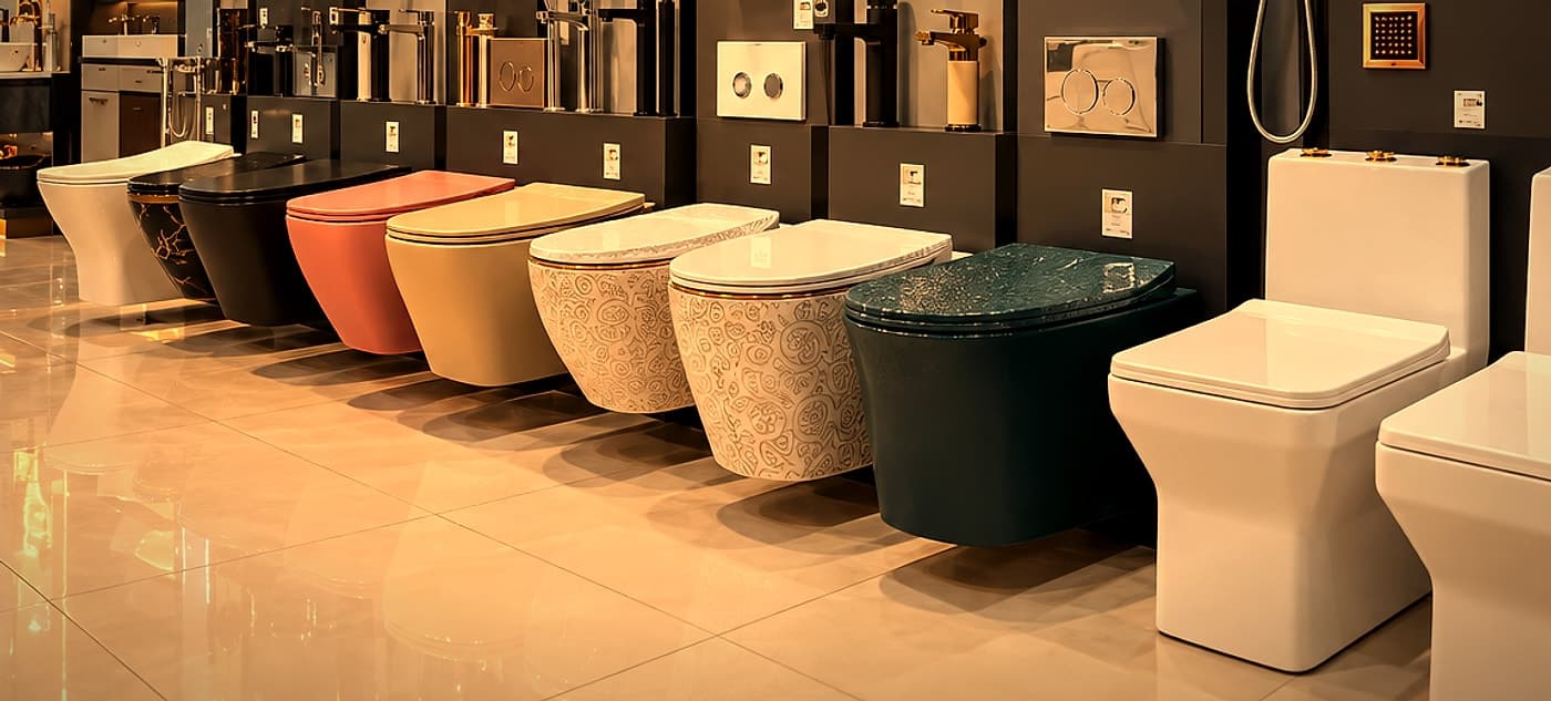 Row of wall-hung and floor-standing toilets on display at Punjab Sanitary Store in Zirakpur