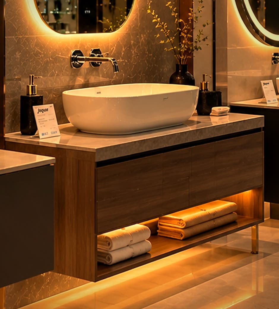Bathroom accessories on a vanity: soap dispenser, wall-mounted faucet and folded towels