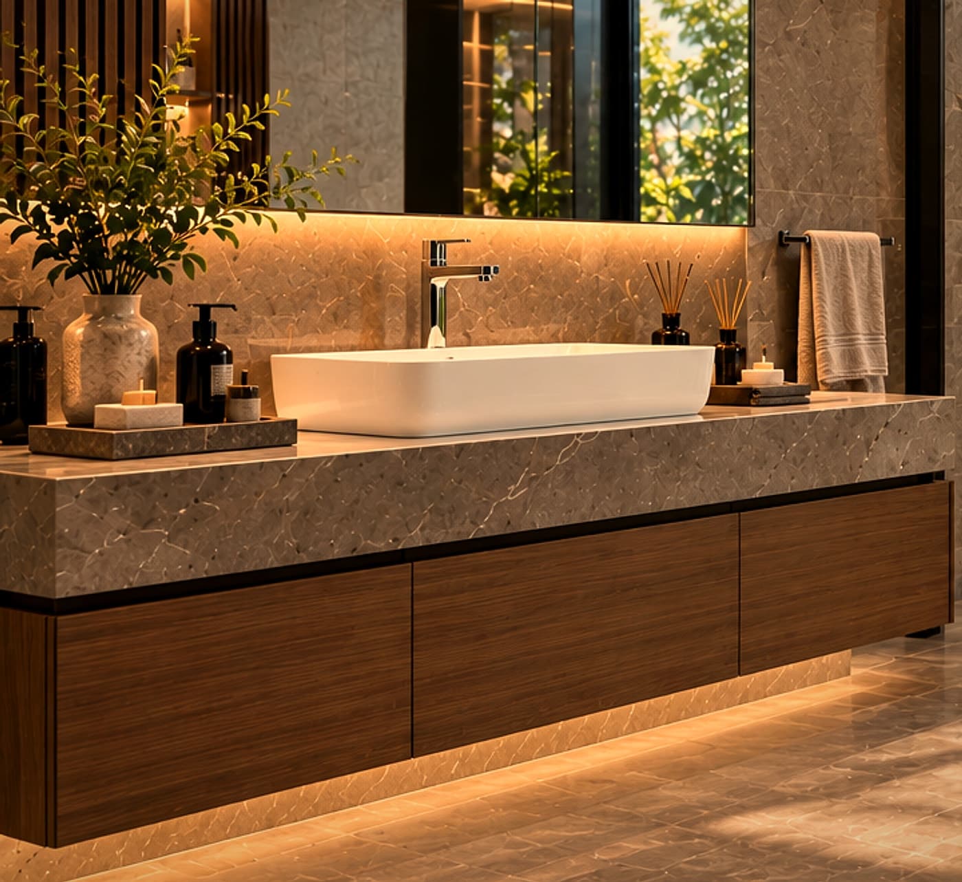 Wall-hung walnut vanity unit with stone countertop, white wash basin and chrome faucet