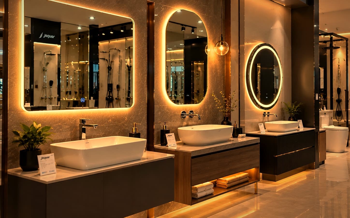 Vanity units with countertop basins and LED mirrors at Punjab Sanitary Store in Zirakpur
