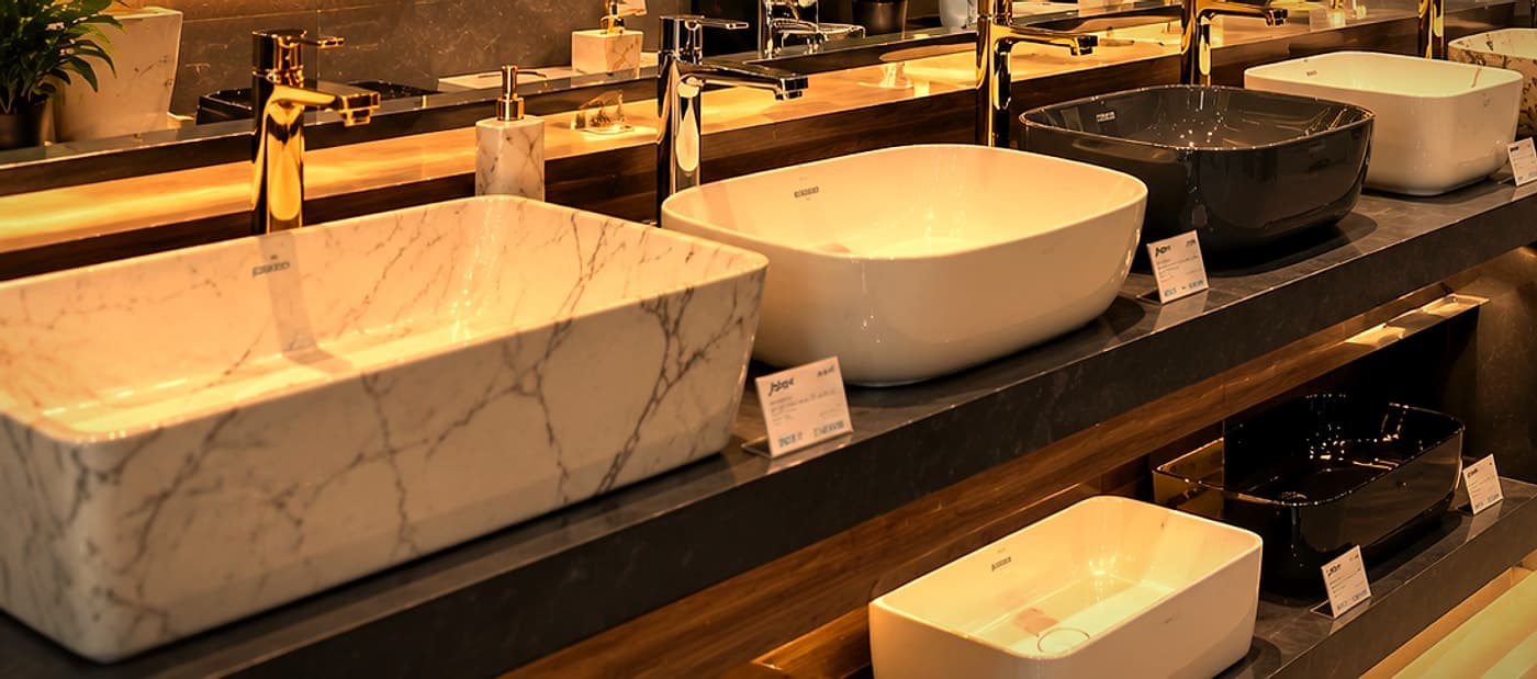 Countertop wash basins in white, marble-pattern and charcoal finishes with tall basin mixers