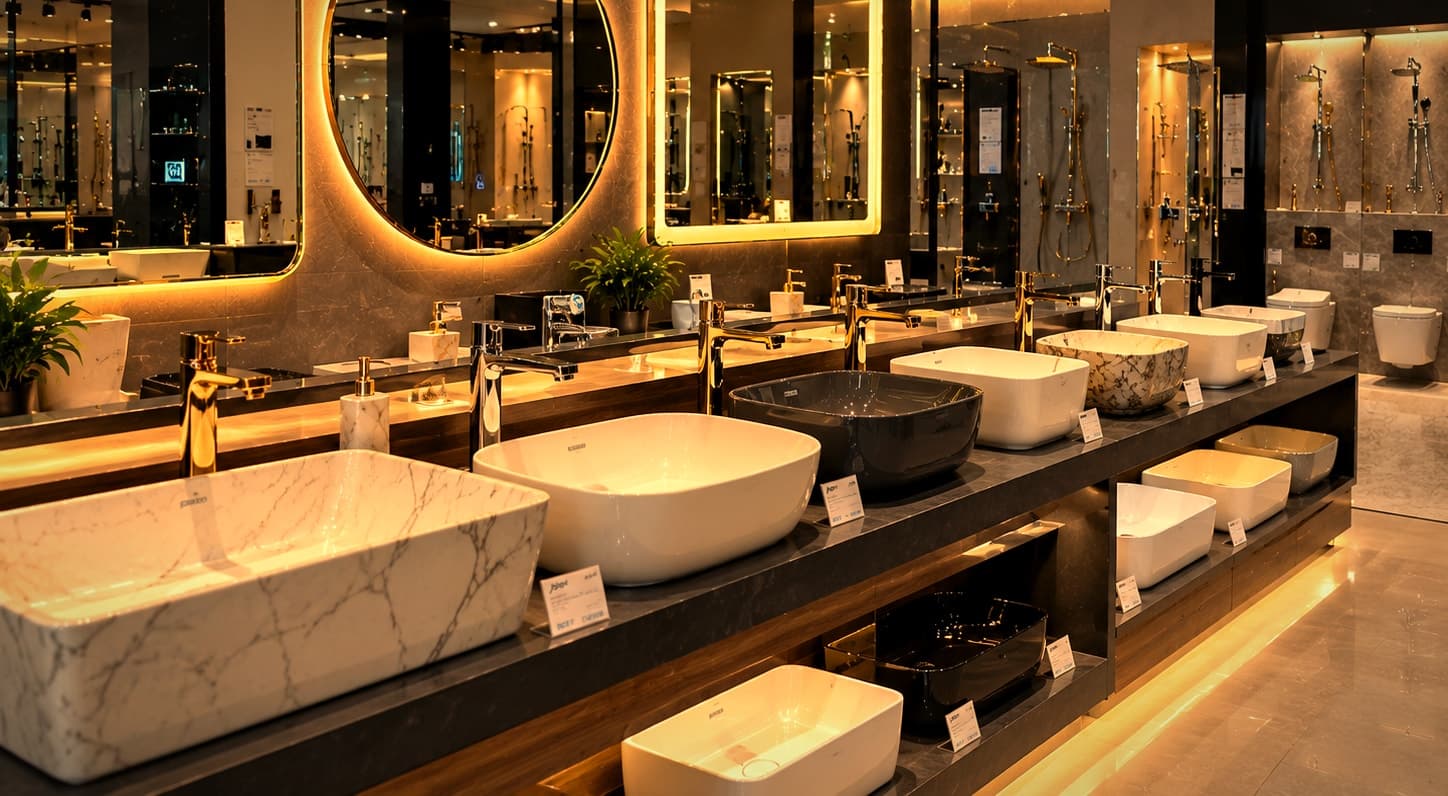 Premium wash basin display at Punjab Sanitary Store in Zirakpur